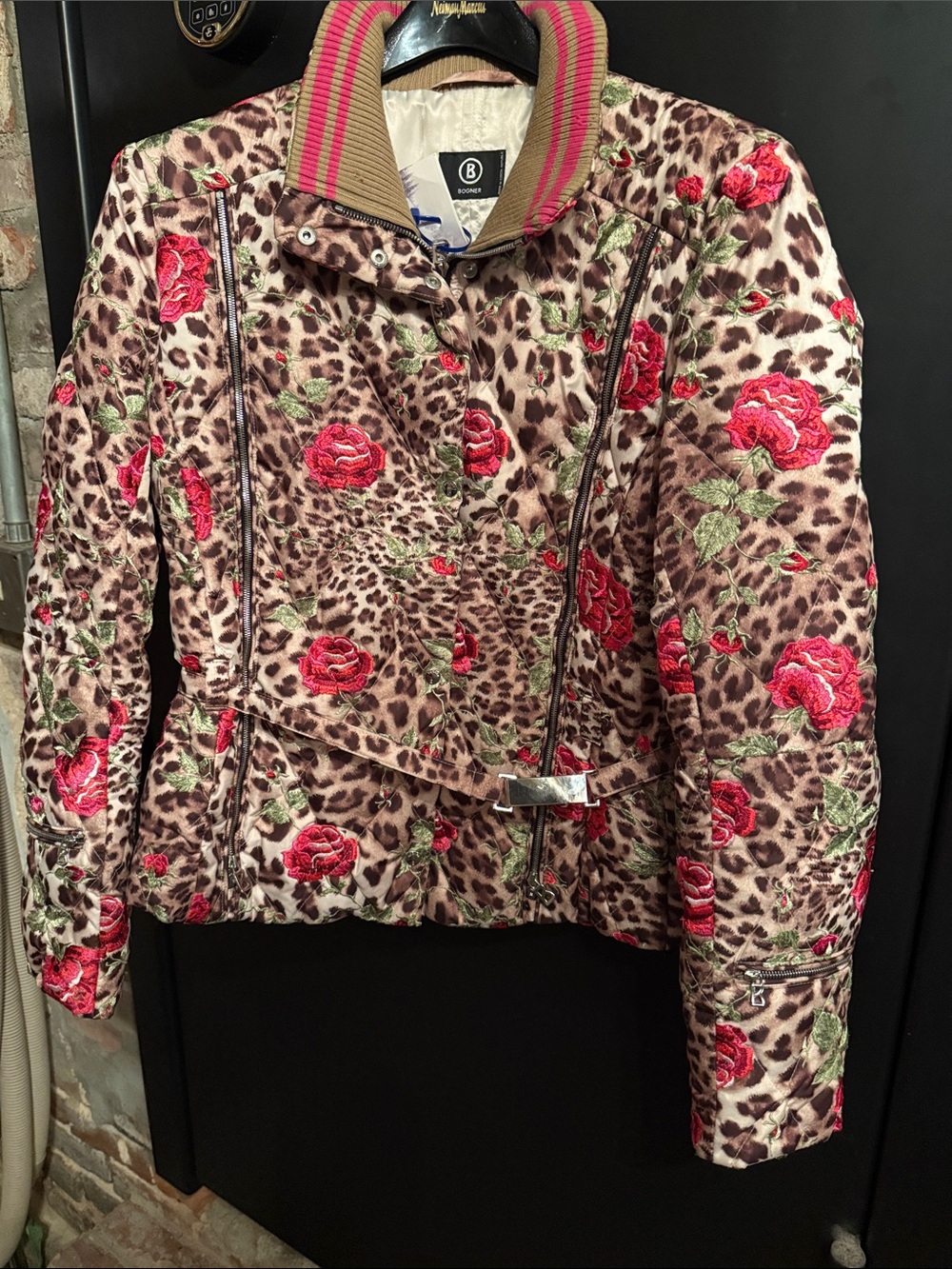 Bogner Quilted Leopard Print Bomber Jacket with Red Rose Embroidery